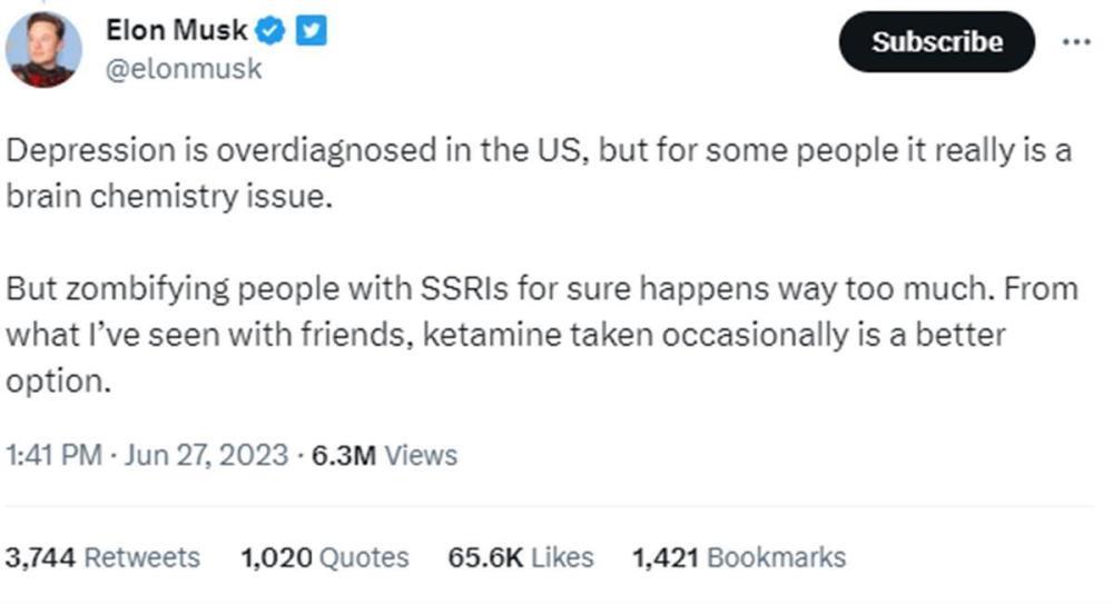 马斯克5年前在节目上公开抽大麻，如今自称吸食K粉来治疗抑郁症