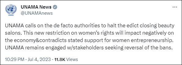 塔利班要求阿富汗境内女子美容院全部关停，联合国：将对经济造成打击