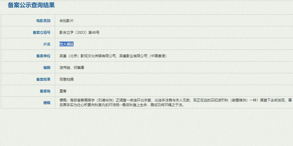 刘德华监制《怒火蔓延》立项 将与谢霆锋警匪对决