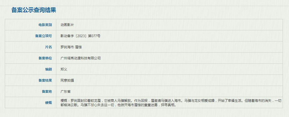 动画《罗刹海市·蜃楼》立项 取材于蒲松龄作品